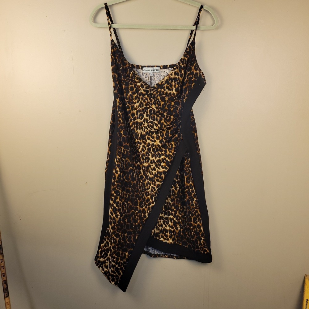 Almost Famous Leopard Print Asymmetrical Dress Womens L Brown Black Sleeveless